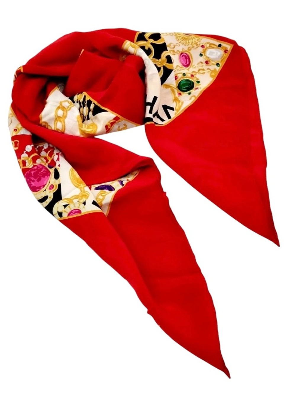 ✨🛍️ Chanel Red Multicolor CC Jewelry Pattern Silk Scarf - Picture 6 of 7